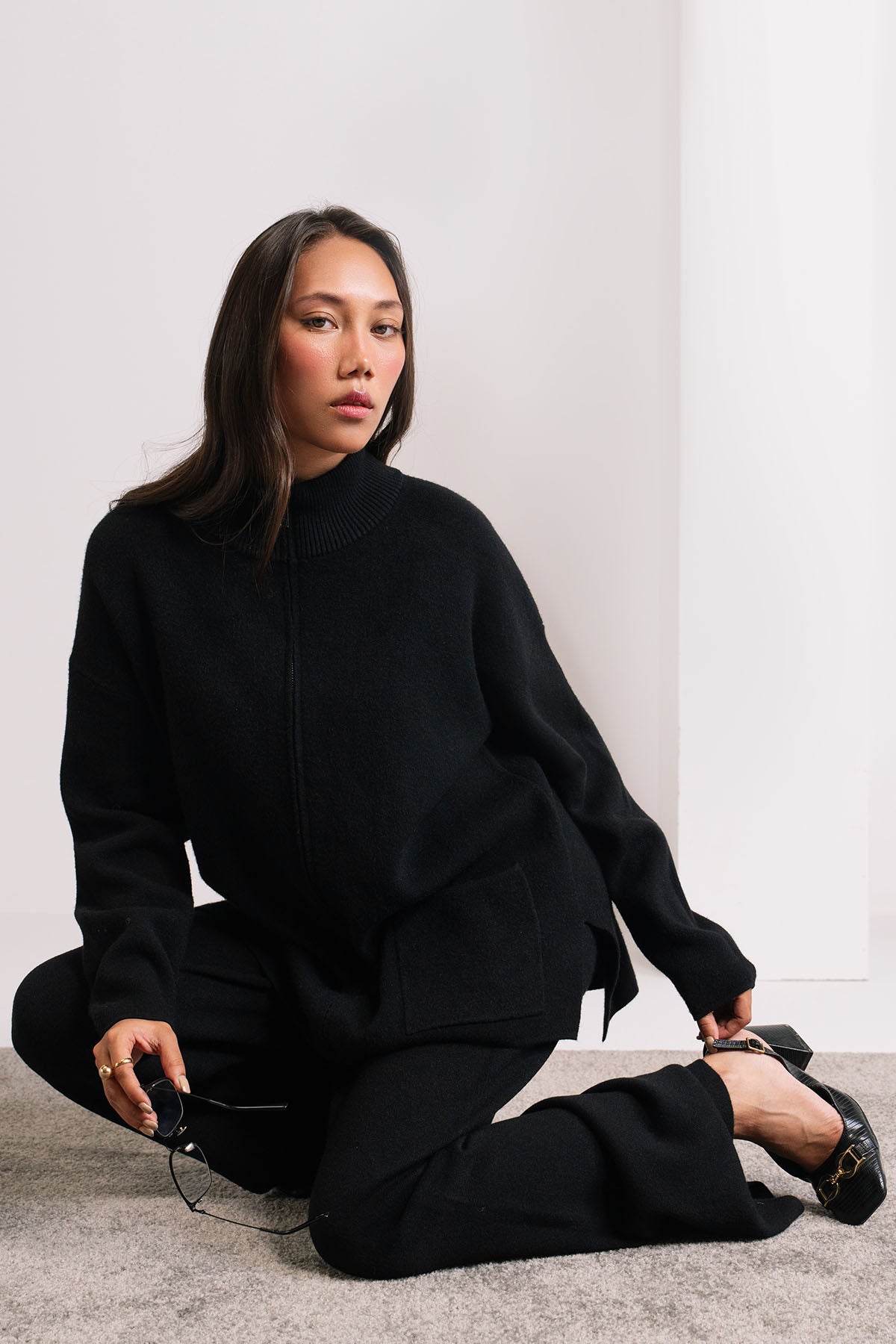 BLACK ZIP CO-ORD SET - KNIT WEAR