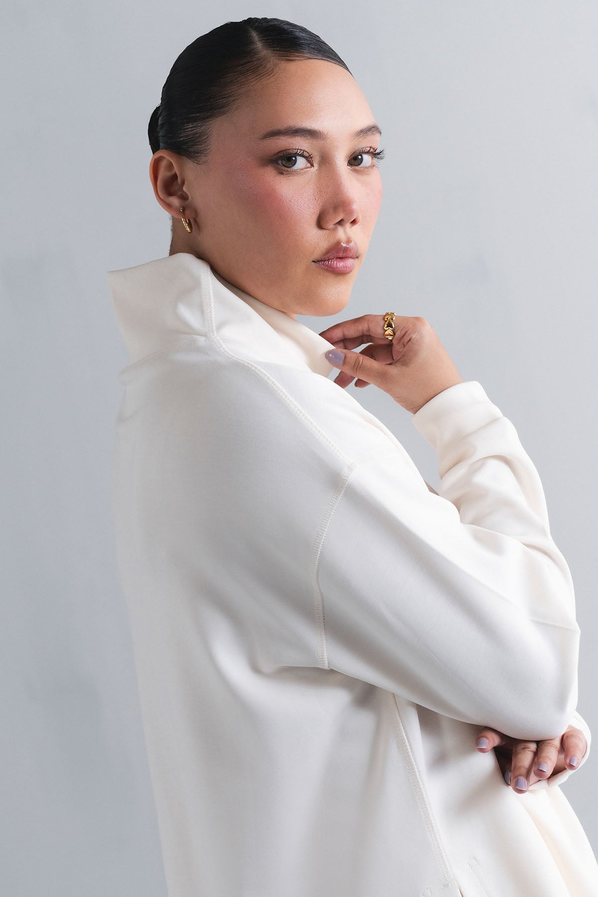 TEXTURED MOCK NECK SIDE SLIT-CLOUDLUX