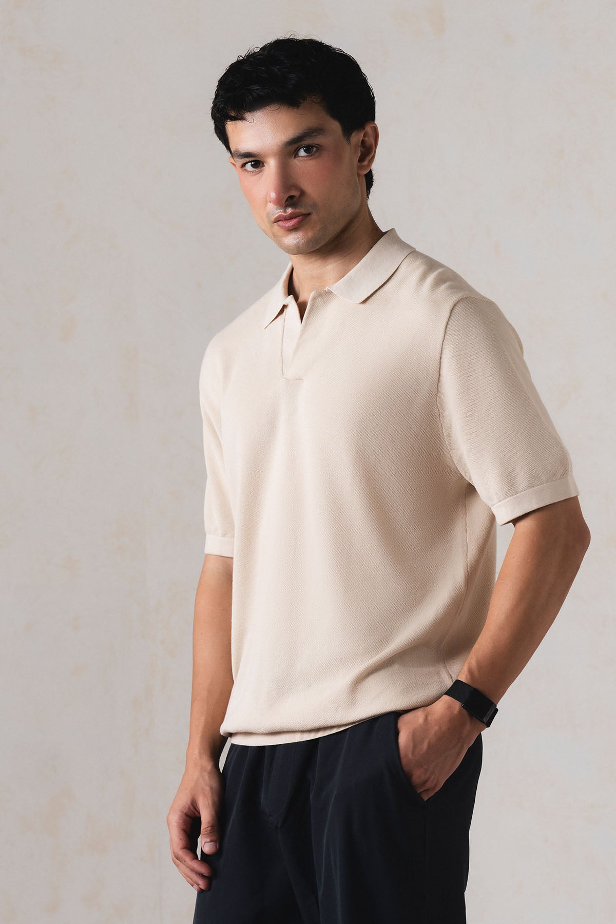 TEXTURED SWEATER POLO-100% COTTON
