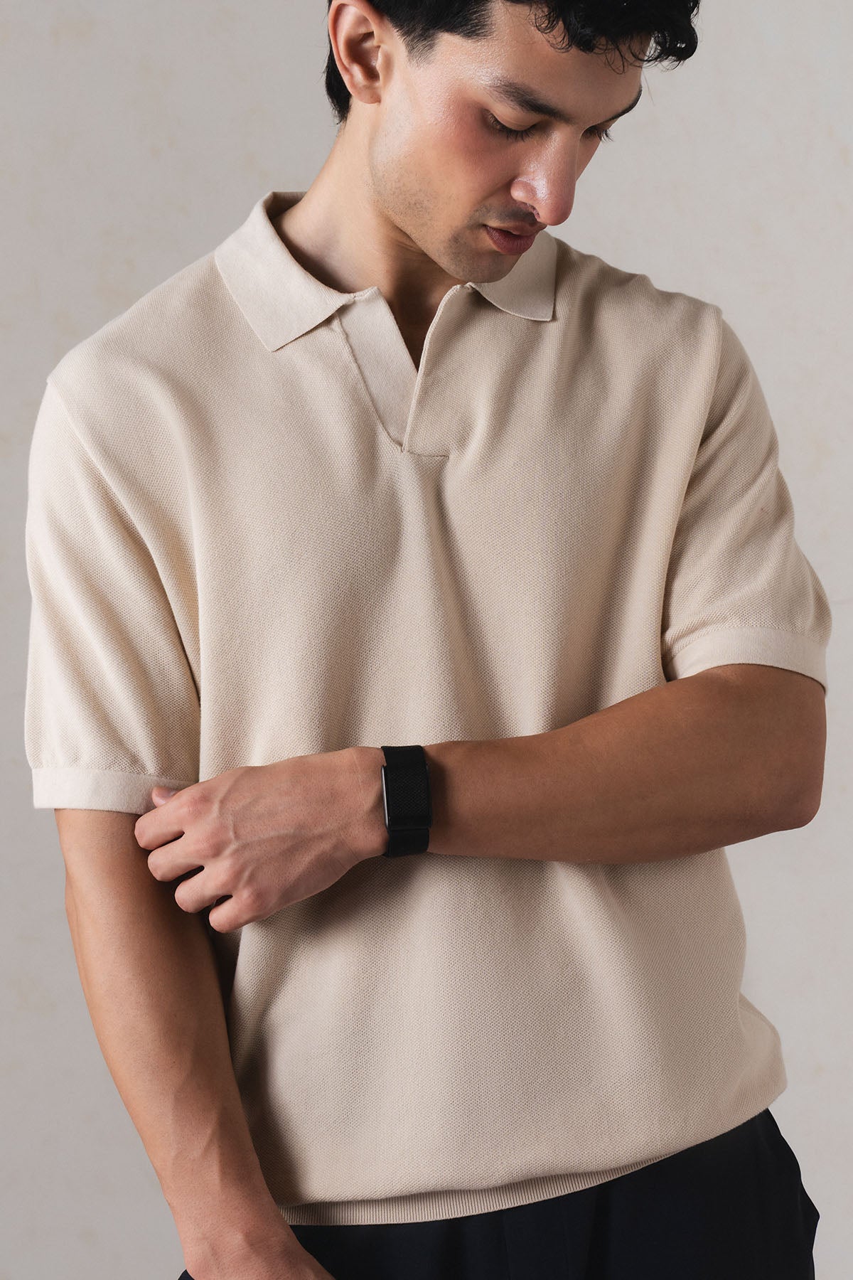 TEXTURED SWEATER POLO-100% COTTON