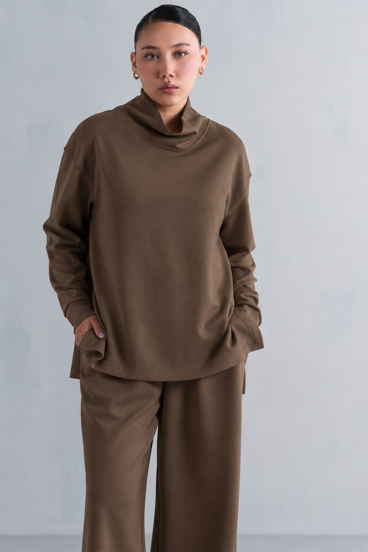 TEXTURED MOCK NECK SIDE SLIT-CLOUDLUX