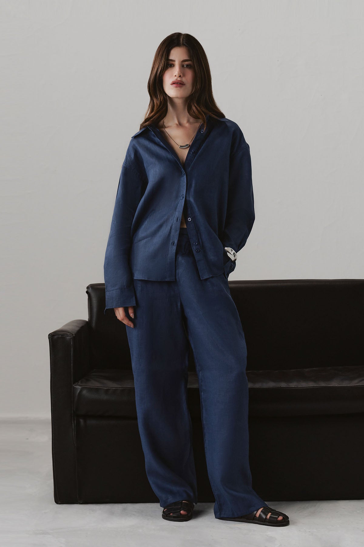 PLEATED WIDE PANTS-100% LINEN
